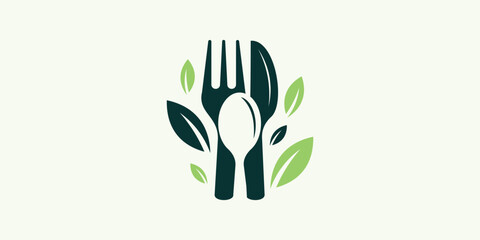Healthy food logo design with a combination of cutlery and herbal leaves.