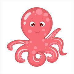 Cute cartoon octopus on white background, octopus color, sea animals, sea world, vector illustration