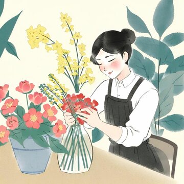 AI-Generated Artwork: Delicate Flower Arrangement by a Serene Young Lady