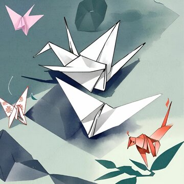AI-Created Artwork: Ethereal Origami Birds on Abstract Blue Backdrop