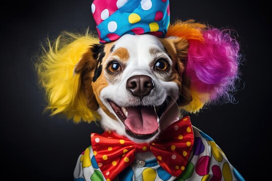 a dog in a clown costume, a funny circus dog on a close-up background