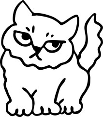 Cute lovely cat with funny face. Fluffy kitten best friend with big eyes. Home pet for baby, kids, boy, girl and family. Hand drown character. Retro vintage cartoon vector illustration drawn by hand.
