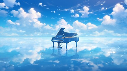 美しい湖の中心にあるグランドピアノ
