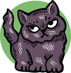 Cute lovely cat with funny face. Fluffy kitten best friend with big eyes. Home pet for baby, kids, boy, girl and family. Hand drown character. Retro vintage cartoon vector illustration drawn by hand.
