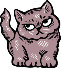 Cute lovely cat with funny face. Fluffy kitten best friend with big eyes. Home pet for baby, kids, boy, girl and family. Hand drown character. Retro vintage cartoon vector illustration drawn by hand.
