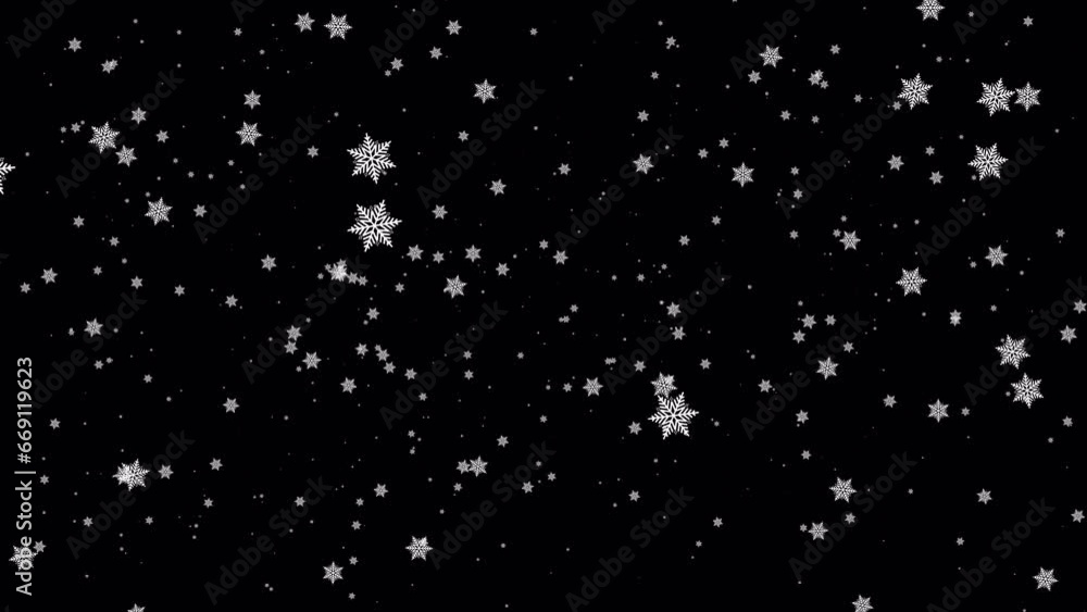 Poster beautiful loop falling moving white star snowflakes particles animaiton on black abstract background