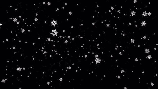 Beautiful loop falling moving white star snowflakes particles animaiton on black abstract Background. Isolated with alpha channel Quicktime Prores 444 encode