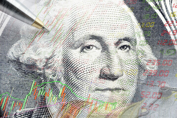 Safe-haven currency for investment, financial concept : US one USD dollar banknote and graph,...