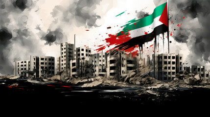 Destroyed city after hostilities with the colors of the Palestine flag.