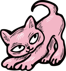 Cute lovely cat with funny face. Fluffy kitten best friend with big eyes. Home pet for baby, kids, boy, girl and family. Hand drown character. Retro vintage cartoon vector illustration drawn by hand.
