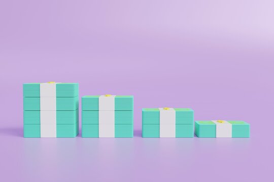 3D Stack of cash, money increase, bank, businesses, money saving concept 3d icon cartoon on purple background. 3D render illustration.