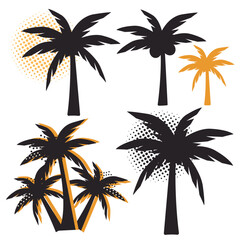 Fototapeta premium Black, yellow retro palm trees isolated on white background. Silhouettes of palm trees. Retro palm tree with coconut design for posters, banners and promotional materials. Vector icon illustration
