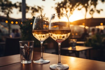 The beauty of a photograph featuring two glasses of wine served in the evening generative ai