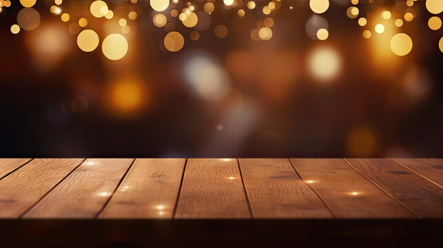 empty wooden table with blurred lights on background. christmas theme.