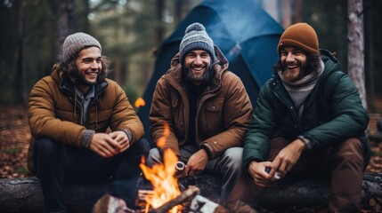 Fototapeta premium Young men with beards congregate around campfire sharing stories to make night memorable. Group of bearded hikers with hands in pockets comes around fire enjoying conversation by tent in autumn forest