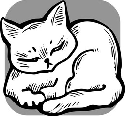 Cute lovely cat with funny face. Fluffy kitten best friend with big eyes. Home pet for baby, kids, boy, girl and family. Hand drown character. Retro vintage cartoon vector illustration drawn by hand.
