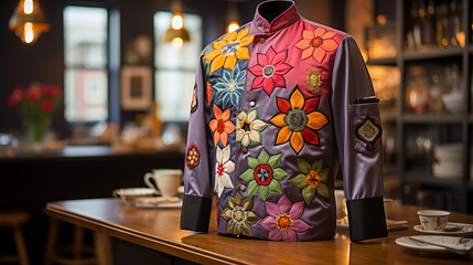 A chef's uniform adorned with colorful, embroidered patches that tell the story of the chef's culinary journey, from apprenticeship to mastery of the kitchen