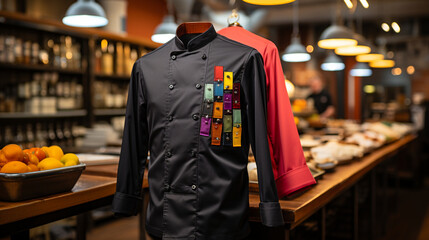 A chef's uniform adorned with colorful, embroidered patches that tell the story of the chef's culinary journey, from apprenticeship to mastery of the kitchen