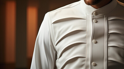 A close-up of a chef's white jacket with intricate, hand-stitched seams, showcasing the craftsmanship that goes into creating this iconic piece of culinary attire