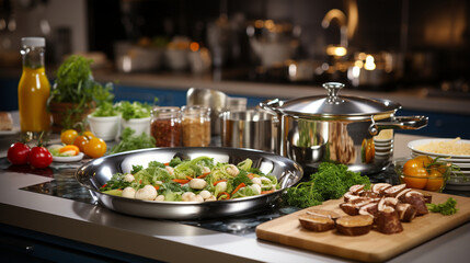 A chef's uniform set against a backdrop of gleaming stainless steel countertops, pots, and pans, illustrating the vibrant and dynamic environment of a professional kitchen