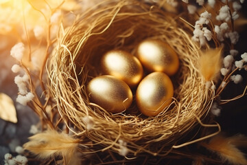 Gold eggs in bird nest concept for retirement