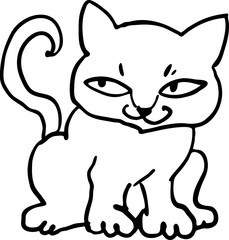 Cute lovely cat with funny face. Fluffy kitten best friend with big eyes. Home pet for baby, kids, boy, girl and family. Hand drown character. Retro vintage cartoon vector illustration drawn by hand.
