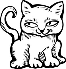 Cute lovely cat with funny face. Fluffy kitten best friend with big eyes. Home pet for baby, kids, boy, girl and family. Hand drown character. Retro vintage cartoon vector illustration drawn by hand.
