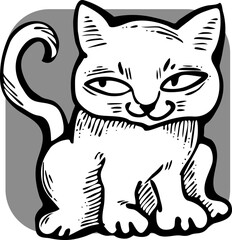 Cute lovely cat with funny face. Fluffy kitten best friend with big eyes. Home pet for baby, kids, boy, girl and family. Hand drown character. Retro vintage cartoon vector illustration drawn by hand.
