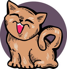 Cute lovely cat with funny face. Fluffy kitten best friend with big eyes. Home pet for baby, kids, boy, girl and family. Hand drown character. Retro vintage cartoon vector illustration drawn by hand.
