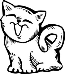 Cute lovely cat with funny face. Fluffy kitten best friend with big eyes. Home pet for baby, kids, boy, girl and family. Hand drown character. Retro vintage cartoon vector illustration drawn by hand.
