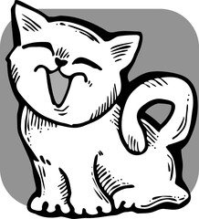 Cute lovely cat with funny face. Fluffy kitten best friend with big eyes. Home pet for baby, kids, boy, girl and family. Hand drown character. Retro vintage cartoon vector illustration drawn by hand.
