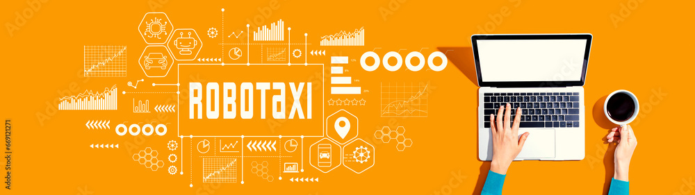 Poster robotaxi theme with person using a laptop computer