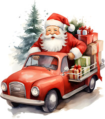 santa claus in a red car with gifts, in the style of watercolor illustrations