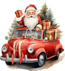 santa claus in a red car with gifts, in the style of watercolor illustrations