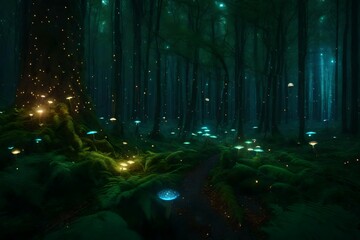 A mystical, starry woodland teeming with sparkling fireflies and mushrooms.