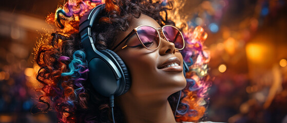 African woman listening to music on headphones, experiencing vivid colour pulses, dynamic sound...