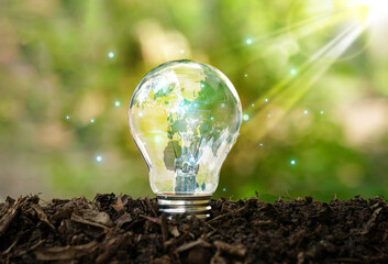 Light bulb with earth globe on soil ground and sunshine in green garden background. Energy sources...