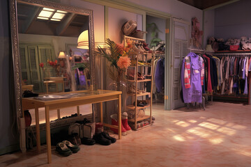 A hallway with a full-length mirror and a rack of Y2K fashion items like cargo pants, crop tops, platform sneakers, and a variety of scrunchies