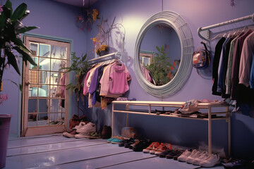 A hallway with a full-length mirror and a rack of Y2K fashion items like cargo pants, crop tops, platform sneakers, and a variety of scrunchies