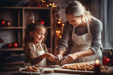 Cute little girl and her mother are preparing cookies in the kitchen.
