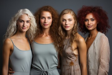 Fototapeta premium Half-length portrait of four cheerful young diverse multiethnic women. Female friends smiling at camera while posing together. Diversity, beauty, friendship concept. Isolated over grey background.
