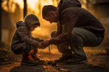 A parent helping a child tie their shoelaces - obrazy, fototapety, plakaty