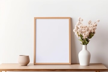 Empty wooden picture frame mockup hanging on white wall background. Boho-shaped vases with dried flowers on table.Working space, home office. Modern interior. - obrazy, fototapety, plakaty