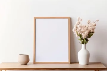 Fotobehang Empty wooden picture frame mockup hanging on white wall background. Boho-shaped vases with dried flowers on table.Working space, home office. Modern interior. © Romana