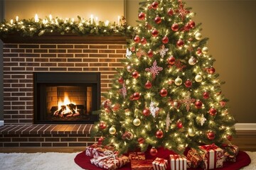 Christmas tree with presents by the fireplace in the living room at home
