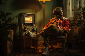 A person sitting in the chair, carefully inserting a cassette tape into the player, a look of nostalgia and fondness on their face. - obrazy, fototapety, plakaty