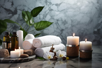 Fototapeta na wymiar Beauty treatment items for spa procedures on wooden table and marble wall. massage stones