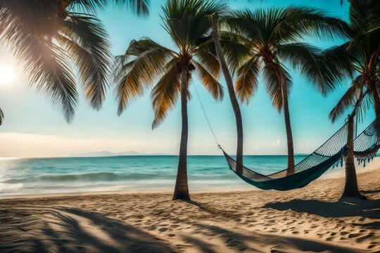 A serene image on the beach featuring a hammock by the water and palm trees.