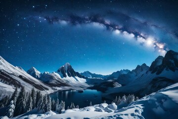 A starry night sky and a gorgeous range of mountains covered in snow.