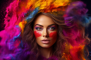 Fototapeta premium Enchanting Beauty Amidst a Burst of Colorful Gulal, a stunning caucasian female model on mesmerizing display of colourful powder thrown in surrounding